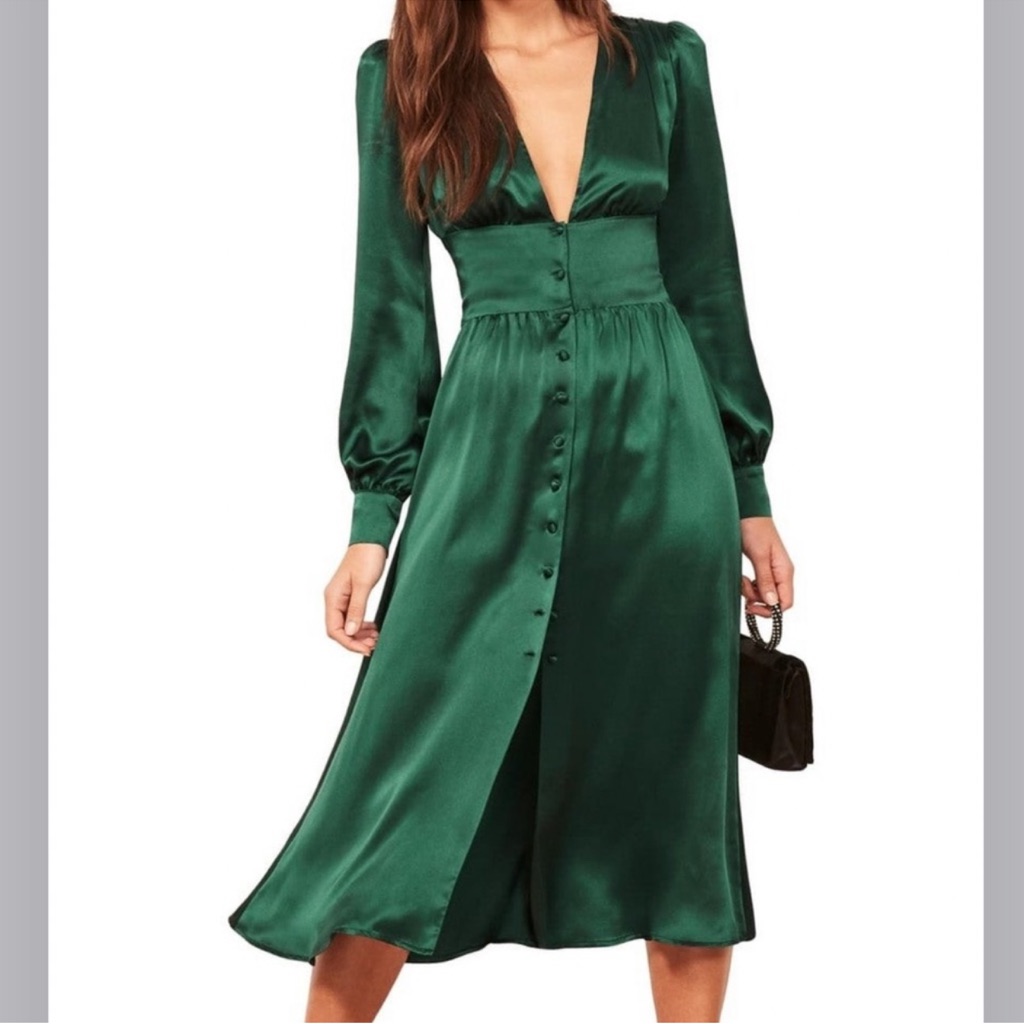Reformation Nicola Dress - Deep Green Satin Midi Dress